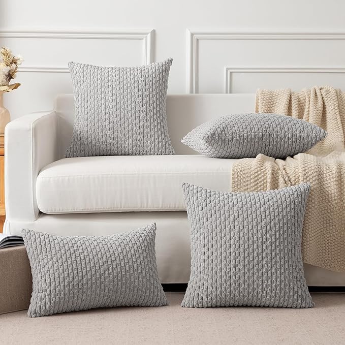 Kevin Textile Super Soft Plush Corduroy Solid Textured Large Boho Throw Euro Pillow Sham Cushion Cover for Couch Floor 2 Pcs 24 x 24 Inch (60cm) Light Grey