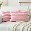FUTEI Pink Decorative Throw Pillow Covers 12x20 Inch Set of 2, Square Soft Faux Rabbit Fur Big Striped Cushion Cover,Home Decor for Couch Sofa Bed Living Room