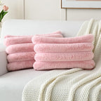 FUTEI Pink Decorative Throw Pillow Covers 12x20 Inch Set of 2, Square Soft Faux Rabbit Fur Big Striped Cushion Cover,Home Decor for Couch Sofa Bed Living Room
