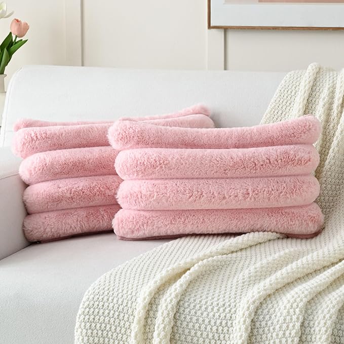 FUTEI Pink Decorative Throw Pillow Covers 12x20 Inch Set of 2, Square Soft Faux Rabbit Fur Big Striped Cushion Cover,Home Decor for Couch Sofa Bed Living Room
