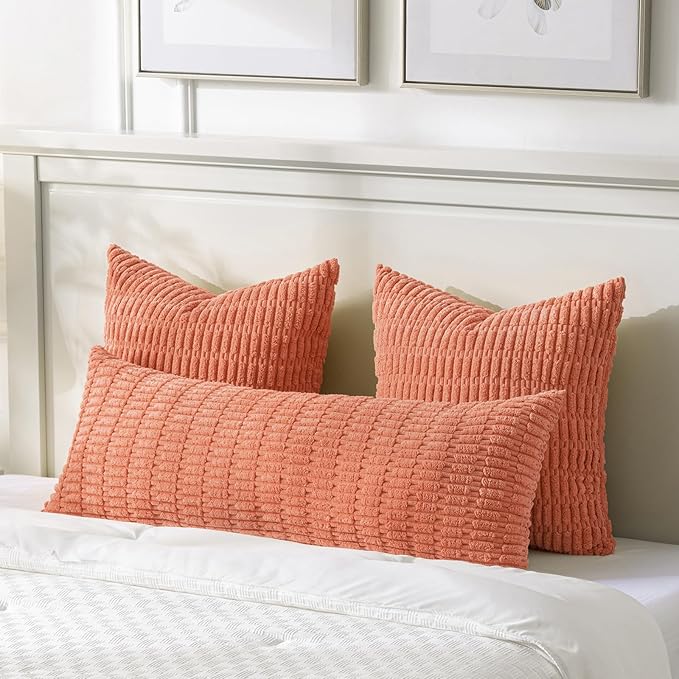 Fancy Homi Coral Long Body Lumbar Lumbar Decorative Throw Pillow Covers 20x54 Inch for Bed Couch Bedroom Bench, Soft Corduroy Rectangle Solid Pillow Case, Rustic Farmhouse Boho Room Decor