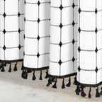 MitoVilla Ivory Boho Black Farmhouse Shower Curtain Set 72 x 78, White 78 inch Long Polyester Linen Tassel Fabric Shower Curtain Set for Chic Cottagecore French Rustic Bathroom Decor
