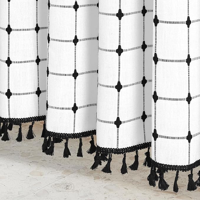 MitoVilla Ivory Boho Black Farmhouse Shower Curtain Set 72 x 78, White 78 inch Long Polyester Linen Tassel Fabric Shower Curtain Set for Chic Cottagecore French Rustic Bathroom Decor