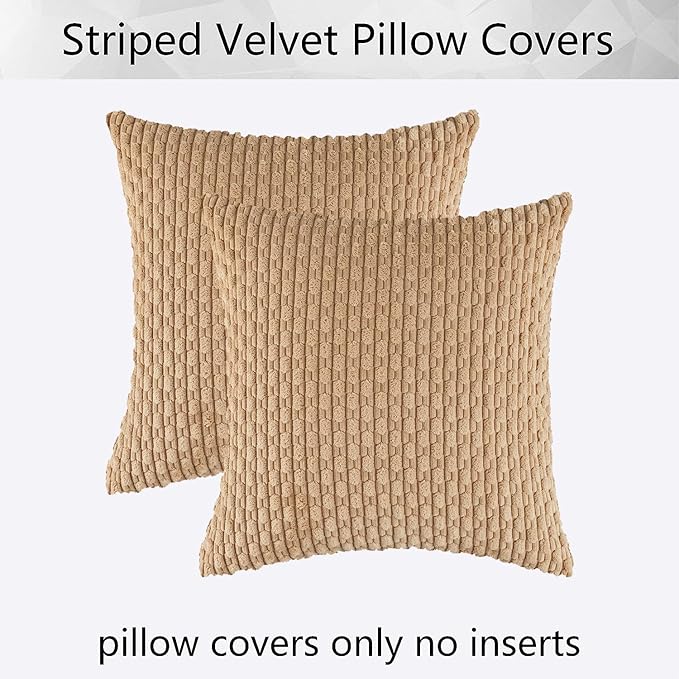 Kevin Textile 2 Packs Tan Decorative Throw Pillow Covers 20x20 Inch for Living Room Couch Bed Sofa Soft Striped Corduroy Square Cushion Case 50x50 cm Rustic Farmhouse Boho Home Decor