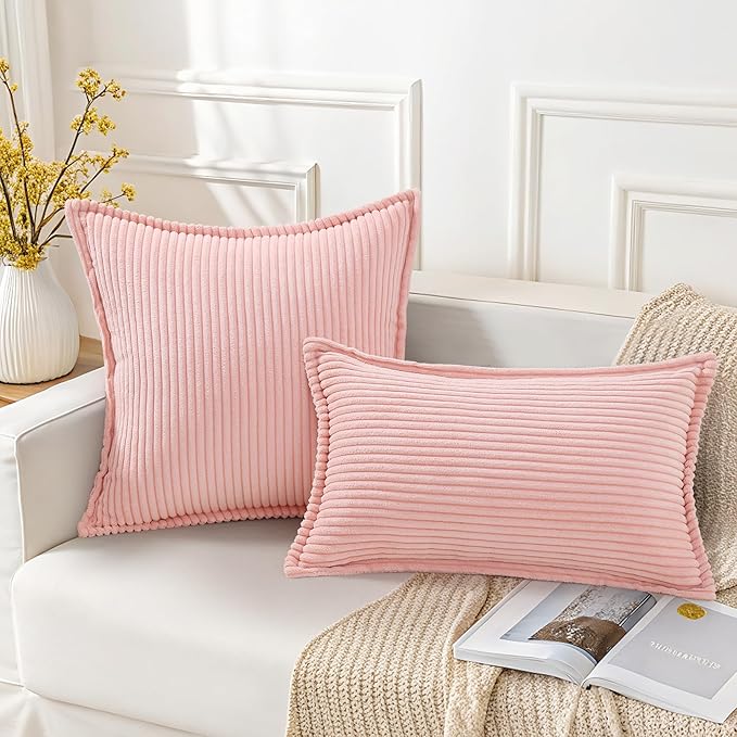 Mecatny Corduroy Throw Pillow Covers 22x22 Set of 2, Neutral Decorative Soft Boho Couch Pillow Covers with Broadside for Sofa Living Room, Pink