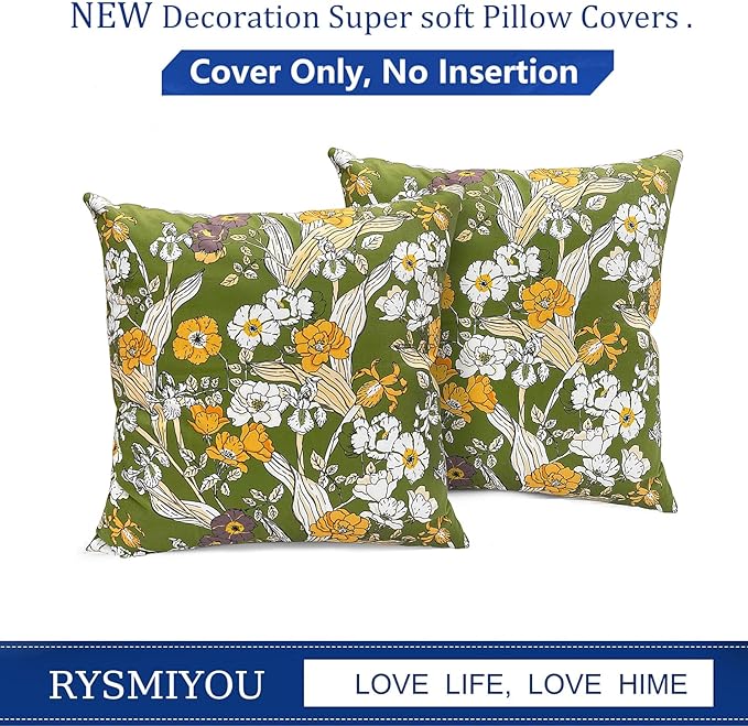 Decorative Throw Pillow Covers Set of 2 Green Pillow Covers 20x20 inch Soft Short Plush Square Freesia Floral Throw Pillows,Farmhouse Outdoor Pillow Covers for Couch Sofa Bed Living Room