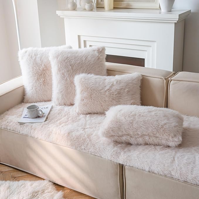 Neelvin Beige Faux Fur Cozy Fluffy Double-Sided Decorative Throw Pillow Covers 18x18 inch Set of 2,Velvet Pillowcase Cushion Case for Sofa Couch