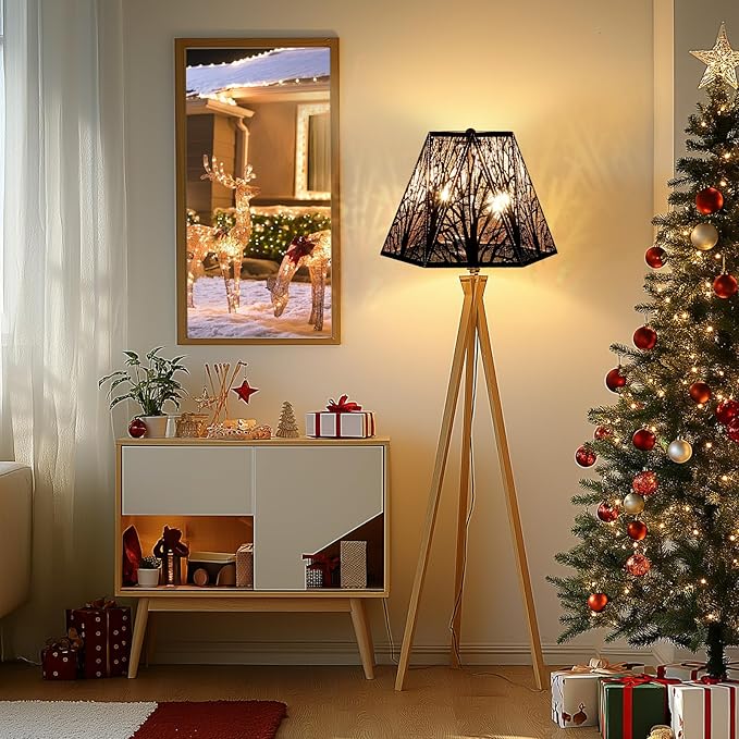 Medium Modern Style Lamp Shades with Multiple Sides, ALUCSET Metal Lampshade with Pattern of Trees for Table Lamp and Floor Light, 7 x 13.8 x 9.5 Inch, Spider (Black/Gold)