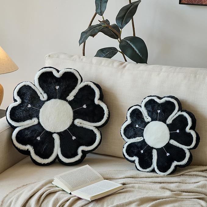 Flower Shaped Decorative Throw Pillow Cushion for Bed Couch, Cute Flower Plush Throw Pillows Home Decor Floor Pillow Seating Cushions (Black, 13.7 Inches)