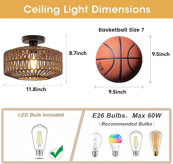 MAYNA 11.8" Rattan Ceiling Light, Mini Boho Light Fixture with LED Bulb, Hand Woven Bohemian Ceiling Light Fixtures Flush Mount for Hallway Bedroom Living Room Dining Room Entryway