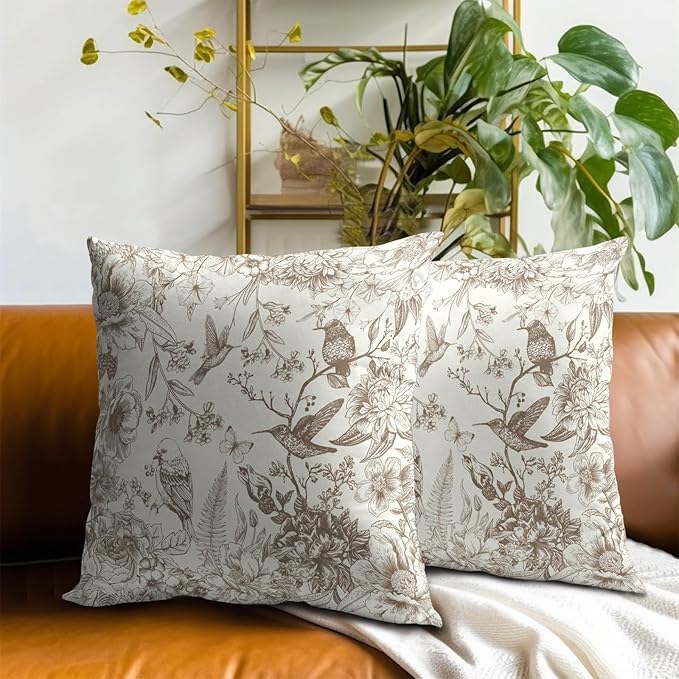 Vintage Floral Throw Pillow Covers 22x22 Inch, Set of 2 Brown Cream Chinoiserie Flowers Square Pillowcases Cushion Cover for Outdoor Indoor Room Couch Bed Sofa Car Decoration