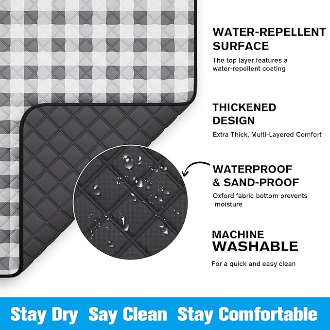 TigeJoy Extra Large Picnic Blanket Waterproof Foldable 60''x80'', Outdoor Picnic Mat Beach Blanket Sandproof for Park, Grass, Travel, Hiking, Camping Essentials, Gingham Picnic Blanket