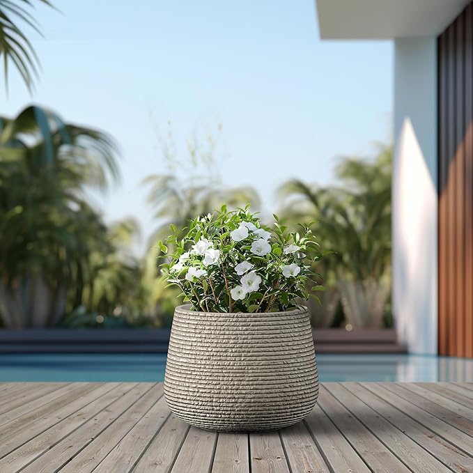 Kante 18.1" Dia Round Fluted Planter with Surface Indentations, Large Flower Pot with Drainage Hole for Indoor & Outdoor Plants, Weathered Concrete Finish with Aqua Blue Interior