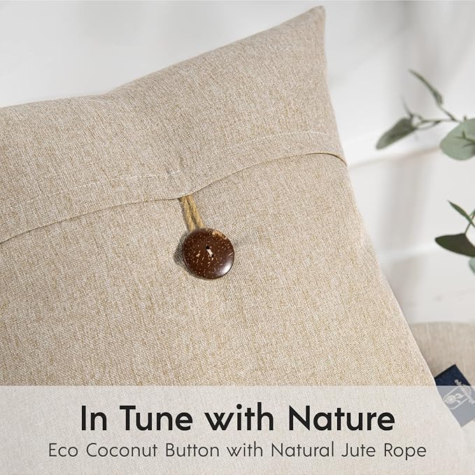 Phantoscope Pack of 2 Farmhouse Throw Pillow Covers Premium Coconut Button Vintage Linen Solid Decorative Pillow Cover for Couch Bed and Chair, Oat Beige 20 x 20 inches 50 x 50 cm