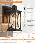 Motion Sensor Outdoor Wall Light with Dimmable Bulb, Modern Dusk to Dawn Exterior Light Fixture Wall Mount Porch Light Black with Crack-Like Glass Coach Lantern for House Garage