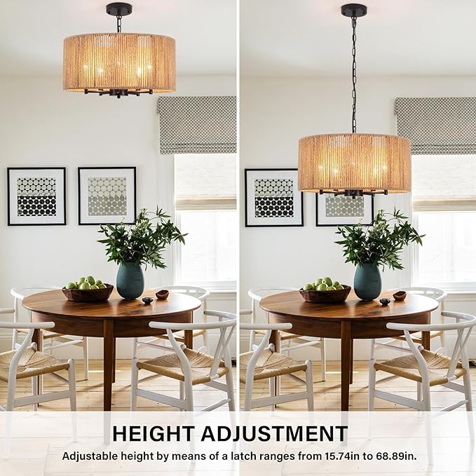 5 Lights Boho Chandelier for Dining Room,19" Hand-Woven Pendant Light Fixture Hanging Rattan Chandelier for Living Room Kitchen Entryway Hallway Foyer, Height Adjustment