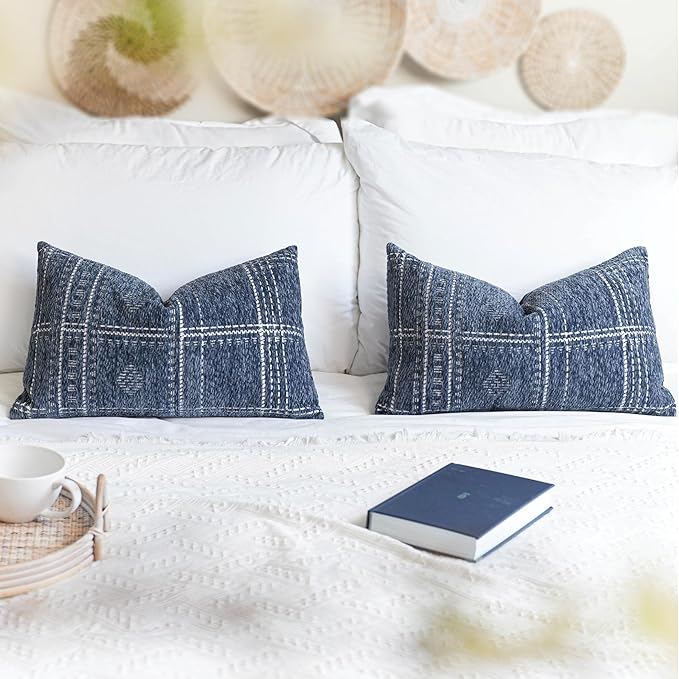 BlissBlush Dark Blue Decorative Lumbar Throw Pillow Covers 12X20, Set of 2, Boho Farmhouse Cushion Cover, Soft Accent Pillowcase for Couch Sofa Bed Living Room Home Décor