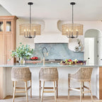 18.9" Hand-Woven Rattan Chandelier 5 Lights Farmhouse Boho Chandeliers for Dining Room Light Fixture Drum Wicker Hanging Pendant Lighting for Living Room Kitchen Island Foyer Hallway, E12