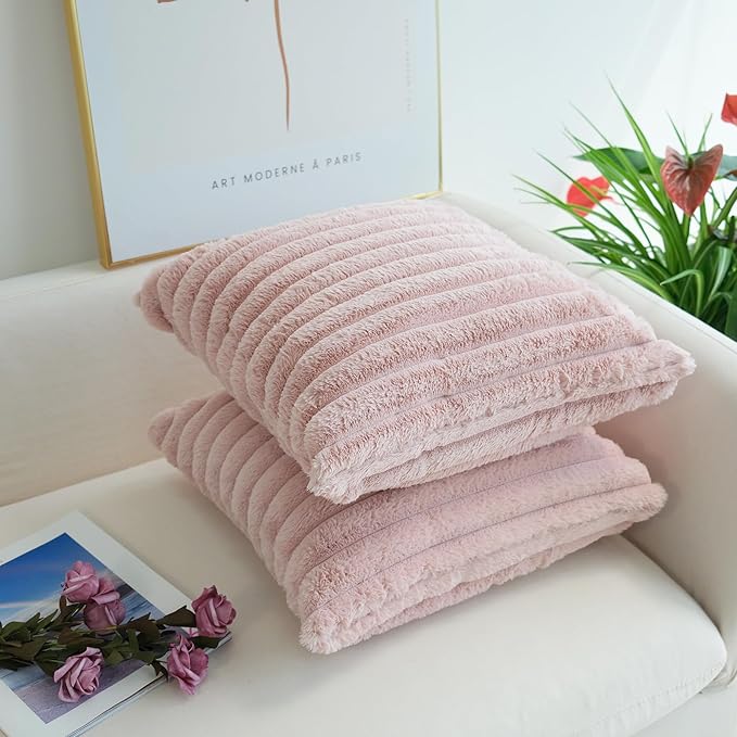 JOJUSIS Pack of 2 Faux Fur Plush Decorative Throw Pillow Covers Couch Cushion Case Soft Pillowcases (Pink, 22 x 22-Inch)