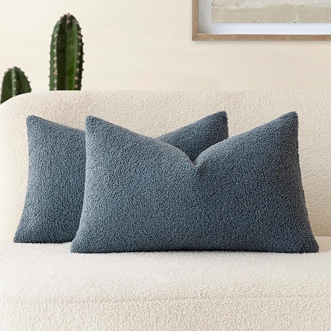 Foindtower Pack of 2, Curly Faux Fur Decorative Throw Pillow Covers Soft Plush Cushion Case with Zipper Cozy Fluffy Boho Pillowcase for Home Living Room Couch Bedroom Bed Sofa 12 x 20 Inch, Blue