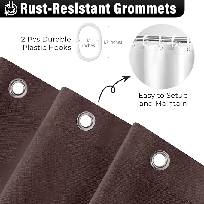 Seasonwood Brown Shower Curtains for Bathroom Dark Brown Ruffle Shower Curtain with Natural Buttons Farmhouse Style Microfiber Fabric Shower Curtains (Brown)