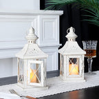 TRIROCKS Set of 2 Decorative Candle Lantern 11'' High Metal Candle Holder Hanging Lantern Perfect for Home Decor Halloween Living Room Parties Events Tabletop Indoors Outdoors (White with Gold Brush)
