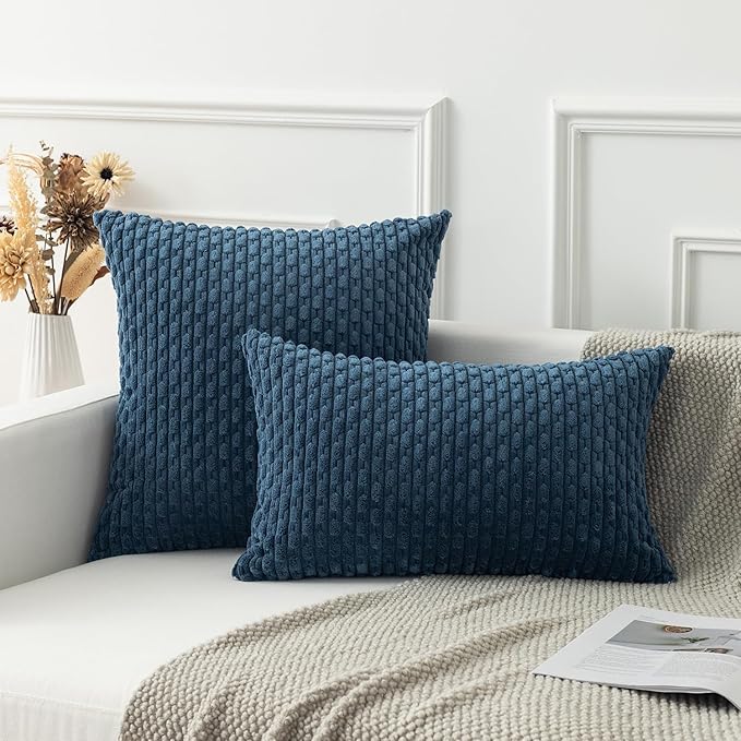 Kevin Textile Pack of 2 Blue Corduroy Decorative Throw Pillow Covers 24x24 Inch Soft Boho Striped Pillow Covers Modern Farmhouse Home Decor for Autumn Sofa Living Room Couch Bed