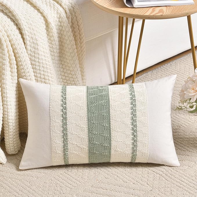 Fancy Homi Set of 1 Sage Green Boho Lumbar Decorative Throw Pillow Covers 12x24 Inch for Living Room Bedroom Couch Bed Chair, Rustic Retro Cushion Case, Bohemian Room Home Decor