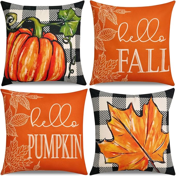 Fall Throw Pillow Covers 18x18 in Set of 4,Pumpkin Linen Pillow Case for Thanksgiving Couch Autumn Holiday Outdoor Burnt Orange Blue White Decorations