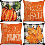Fall Throw Pillow Covers 18x18 in Set of 4,Pumpkin Linen Pillow Case for Thanksgiving Couch Autumn Holiday Outdoor Burnt Orange Blue White Decorations