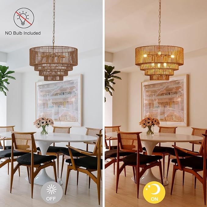 19.7" Hand-Woven Rattan Chandelier Vintage Farmhouse 6-Lights Boho Bamboo Chandeliers Light Fixture Retro Drum Wicker Rattan Golden Chandelier for Dining Room, Kitchen Island, Bedroom, E12