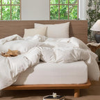 MooMee Striped Duvet Cover Set 100% Washed Cotton Linen Like Textured Breathable Durable Soft Comfy (White Almond Milk Grey Wide Stripes, Oversized King Plus 128"x120")