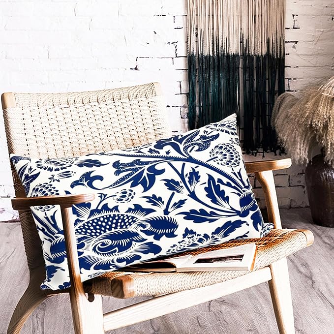 Decorative Throw Pillow Covers Set of 2 Blue Pillow Covers 12x20 inch Short Plush Square Pillows Cover Floral Throw Pillows,Farmhouse Outdoor Pillow Covers for Couch Sofa Bed Living Room
