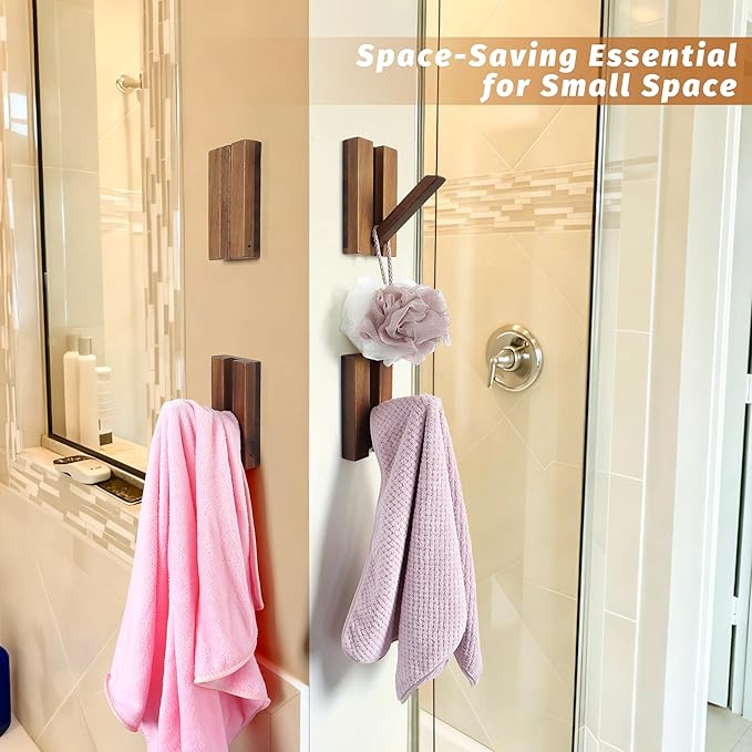 Foldable Wall Hooks 4Pack: Rustic Wooden Coat Hooks Mounted for Heavy Duty Hanging Towels Backpack Bags Hats, Space Saving Minimalist Decorative Hooks for Aesthetic Homeowners