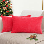 decorUhome Chenille Red Throw Pillow Covers 12x20 Inch Set of 2, Decorative Soft Couch Pillow Covers Solid Dyed Accent Velvet Farmhouse Neutral Rectangle Christmas Pillow Cases for Sofa Living Room