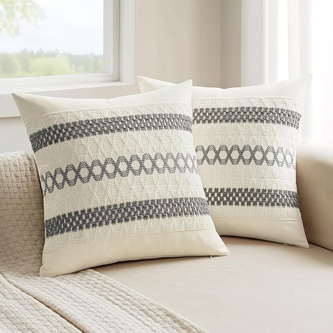 MIULEE Set of 2 Gray Boho Decorative Pillow Covers 20x20 Inch Farmhouse Rustic Couch Throw Pillows Modern Spring Cotton Cushion Covers Retro Cute Macrame Woven Home Decor for Bed Sofa Chair