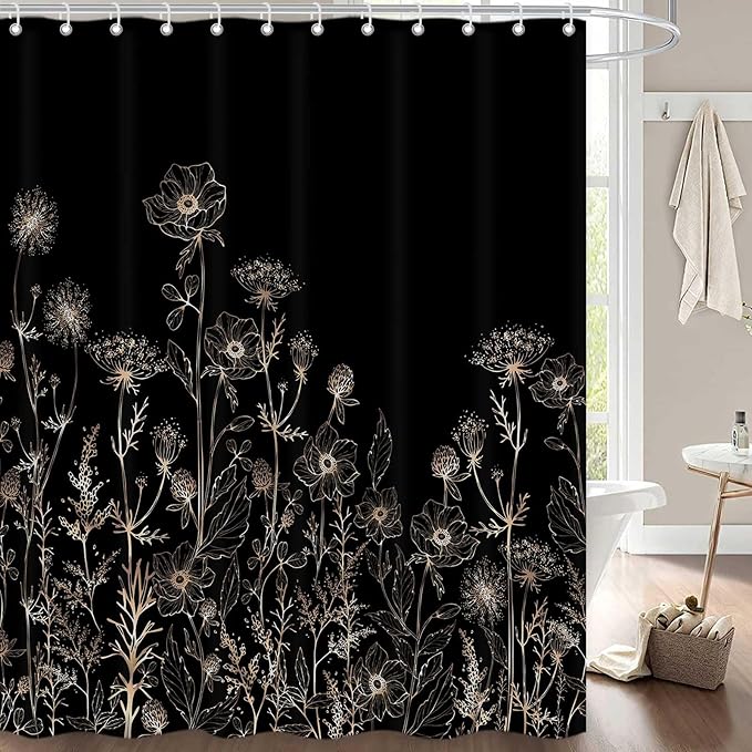 Black and Gold Vintage Boho Shower Curtain Set 72X72 Inch Black Tan Cream Floral Aesthetic Dark Wildflower Botanical Design Farmhouse Plant Art Chic Bathroom Decor