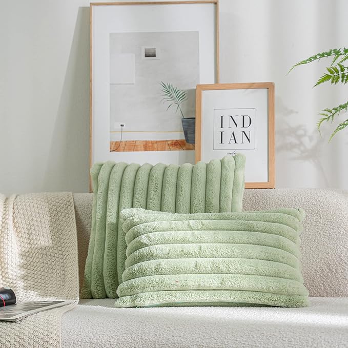 DEELAND Pack of 2,Double-Sided Faux Fur Plush Decorative Throw Pillow Covers Fuzzy Striped Soft Pillowcase Cushion Covers for Sofa Couch Bedroom Green 20x20 inch