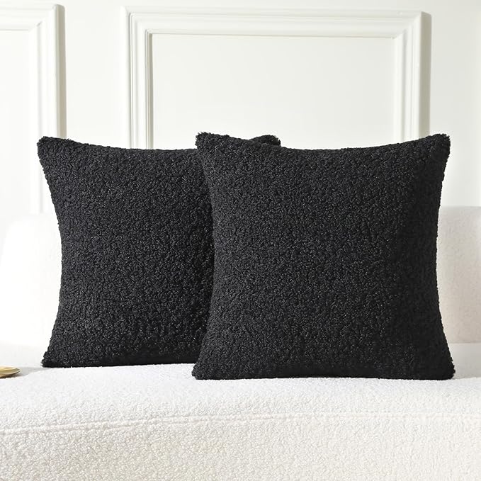 FUTEI Black Throw Pillow Covers 24x24 Inch Set of 2,Furry Faux Fur Teddy Boucle Textured Cushion Covers,Soft Fluffy European Pillow Shams,Home Decor for Couch Bed Living Room Office Car