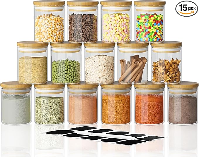 SODSAI 15 Piece Glass Storage Jars Set with Airtight Bamboo Lids and Labels,6oz Glass Spice Jar Mini Food Storage Containers for Home Kitchen,Pantry,Tea,Sugar,Salt,Coffee,Flour,Herbs,Grains