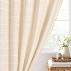 MitoVilla Cream Boho Extra Long Shower Curtain 72 x 84, Modern Farmhouse 84 inch XL Polyester Linen Texture Tassel Fabric Shower Curtain Set with Hooks for Cottagecore Country Bathroom Decor, Beige