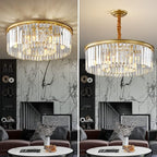 Gold Modern Crystal Chandelier, 2-Tier Round Flush Mount Ceiling Light Fixtures Height Adjustable Pendant Lighting for Dining Room Living Room Bedroom Kitchen Hotel Foyer