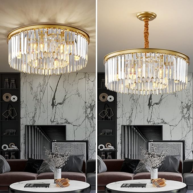 Gold Modern Crystal Chandelier, 2-Tier Round Flush Mount Ceiling Light Fixtures Height Adjustable Pendant Lighting for Dining Room Living Room Bedroom Kitchen Hotel Foyer