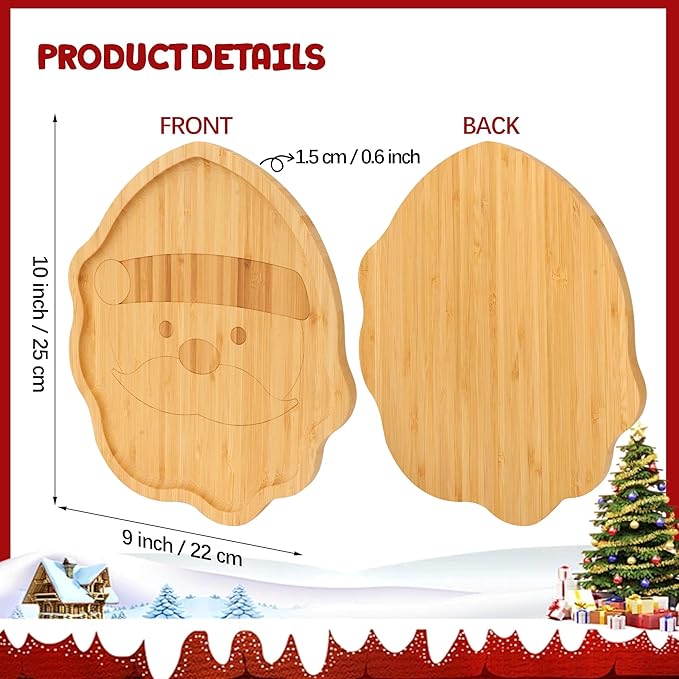 TJ POP Christmas Bamboo Serving Platter - Santa Face Decorative Tray Candy Snack Board, Natural Wooden Serving Tray Cute Charcuterie Board for Cheese, Cookies, Fruits & Holiday Party (10” x 9”)