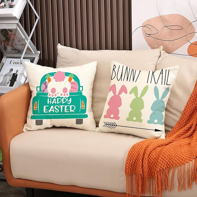Easter Decor-Throw Pillow Covers 18x18in Set of 4,Spring Linen Pillow Case with Bunny and Egg for Large Couch Sofa Home Indoor Outdoor Holiday Home Decorations