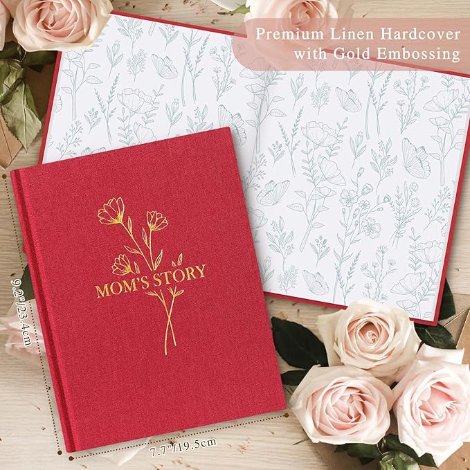 Lanpn Mom Life Story Book Journal with 270+ Prompts, Linen Hardcover Mother Story Guided Journal, Mom Memory Keepsake Book to Fill Out, Mother's Day Birthday Christmas Gift for Mom, Red