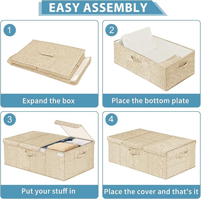 Deep Under Bed Storage Container, 10" Tall Height Underbed Box Bin with Lids 31" Long Large Basket for Under Bed, Bedroom, Dorms, Clothes, Bed sheets, Blankets, 2 Pack, Beige