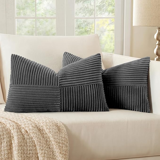 MIULEE Grey Corduroy Pillow Covers Pack of 2 Boho Decorative Spliced Throw Pillow Covers Soft Solid Couch Pillowcases Cross Patchwork Textured Cushion Covers for Living Room Bed Sofa 12x20 inch