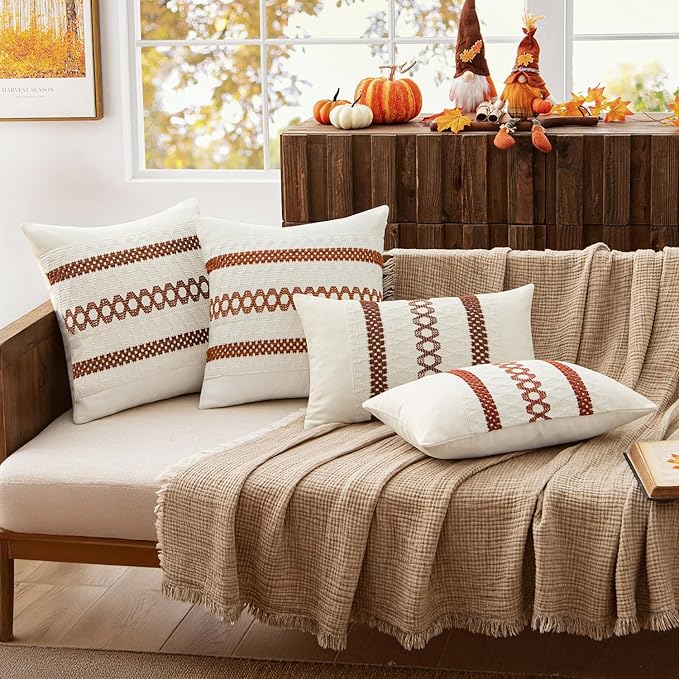 MIULEE Set of 2 Rust Fall Decorative Pillow Covers 18x18 Inch Farmhouse Rustic Boho Couch Throw Pillows Modern Cotton Cushion Covers Retro Cute Macrame Woven Home Decor for Bed Sofa Chair