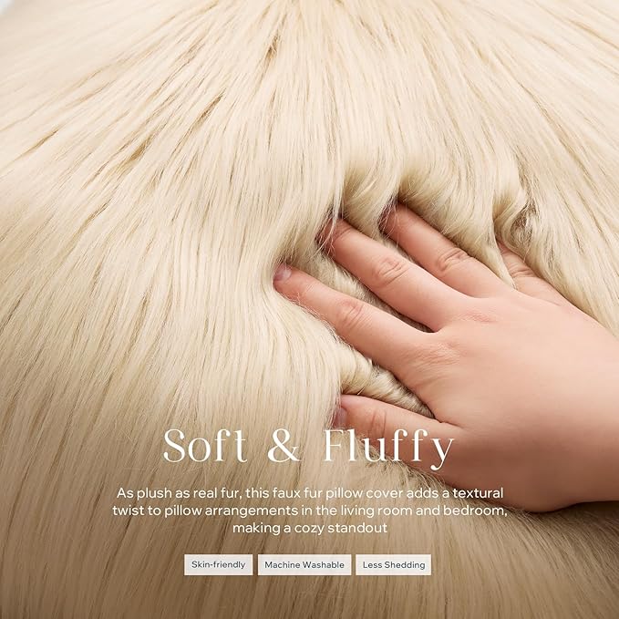 Phantoscope Pack of 2 Faux Fur Throw Pillow Covers Cushion Covers Luxury Soft Decorative Pillowcase Fuzzy Pillow Covers for Bed/Couch, Light Beige 20 x 20 Inches